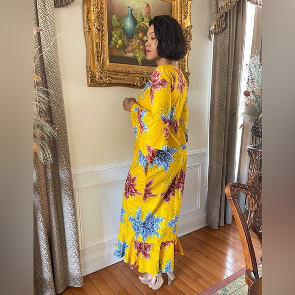 Handmade African Print Ankara Yellow Ruffle Sleeve Cinched Waist Maxi Dress - Picture 5 of 6